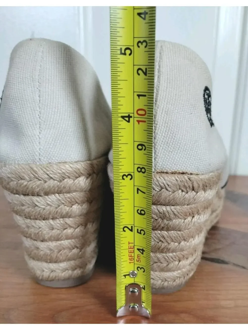Tory Burch Dory Canvas Espadrille Wedge Sandals Black Cream Peep Toe Spain 8.5 B